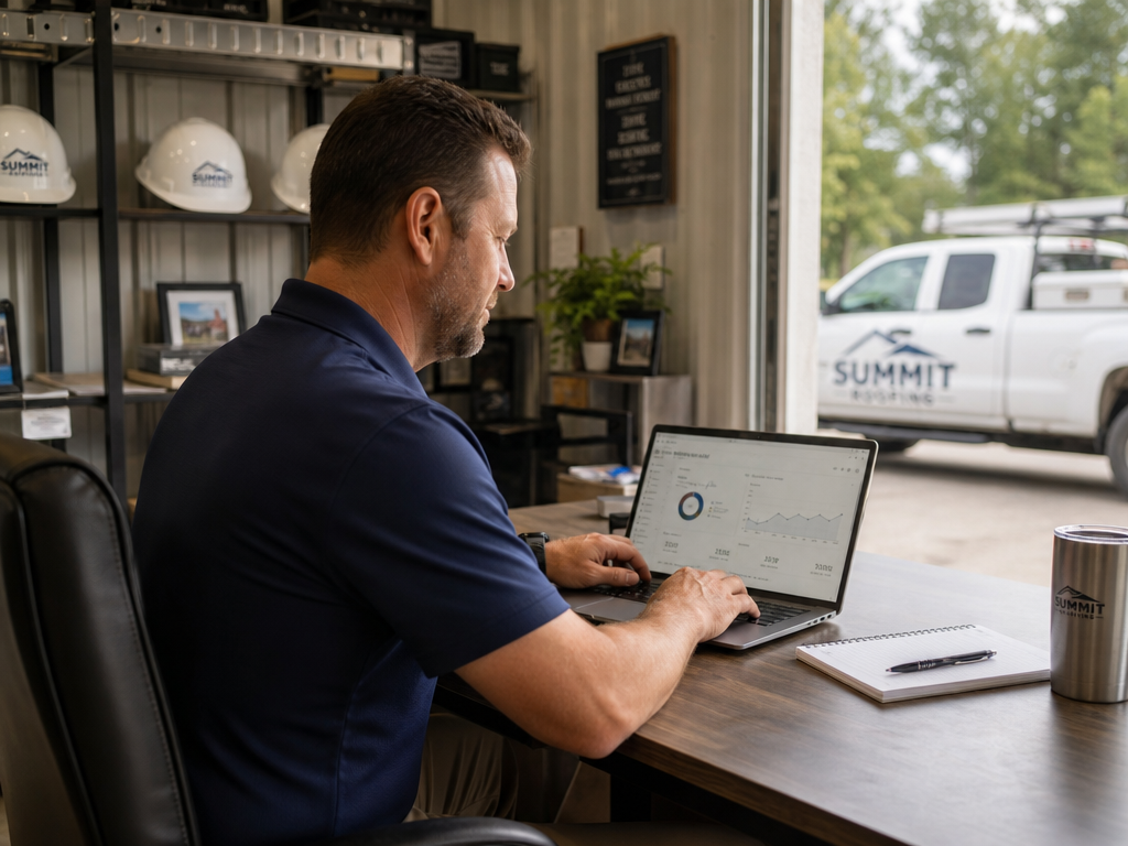 Roofing company owner reviewing leads in his shop office